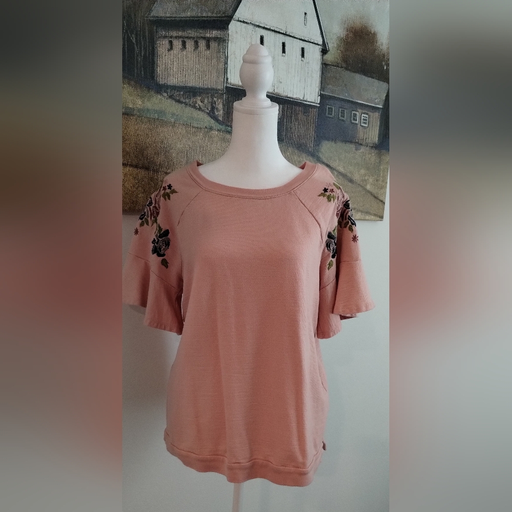 St. John's Bay Blush Pink Embroidered Flutter Sleeve Tee